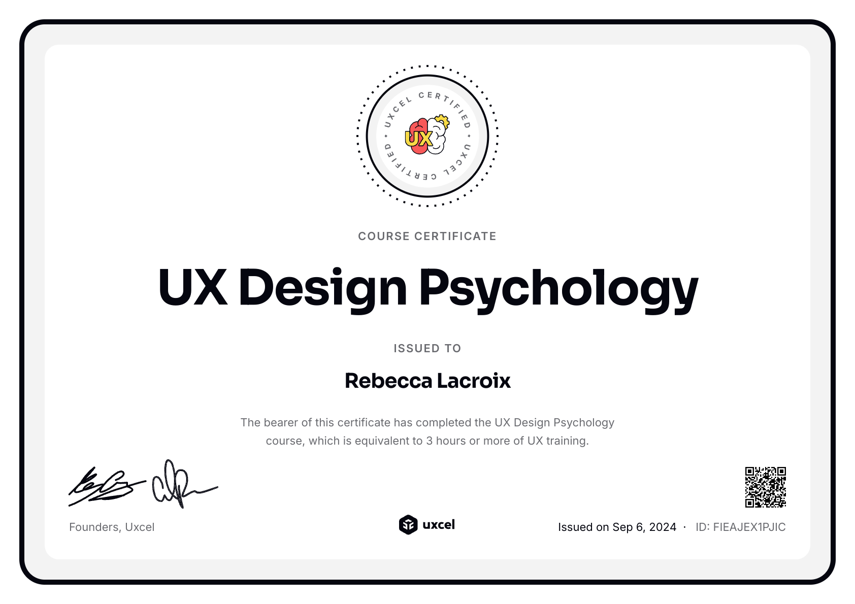 Rebecca Lacroix's certificate